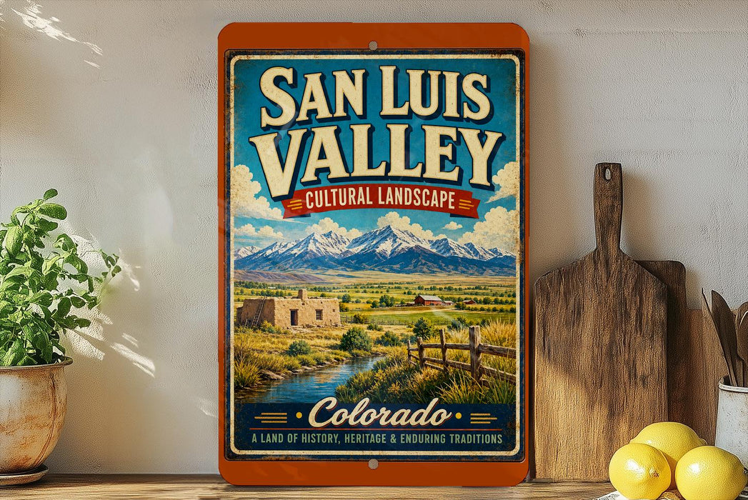 a vintage-style sign for San Luis Valley, Colorado, with a scenic landscape of mountains, a river, and a small building.