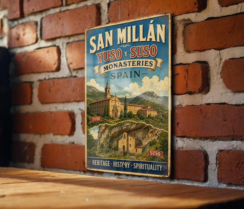 A vintage-style metal sign with text and an illustration of a castle or building, mounted on a brick wall.
