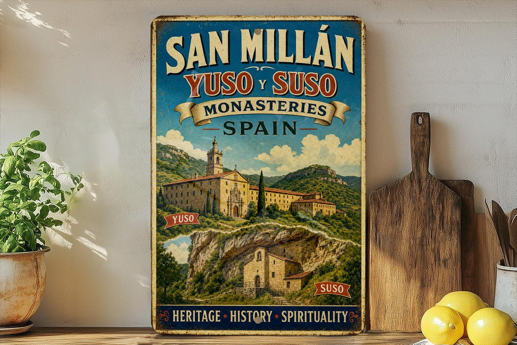 A vintage-style poster advertising San Millán Yuso Súsos Monasteries in Spain, featuring a scenic image of the Monasteries and the text "SAN MILLAN YUSO SÚSO MONASTERIES SPAIN" in a blue and red color scheme.