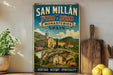 A vintage-style poster advertising San Millán Yuso Súsos Monasteries in Spain, featuring a scenic image of the Monasteries and the text "SAN MILLAN YUSO SÚSO MONASTERIES SPAIN" in a blue and red color scheme.