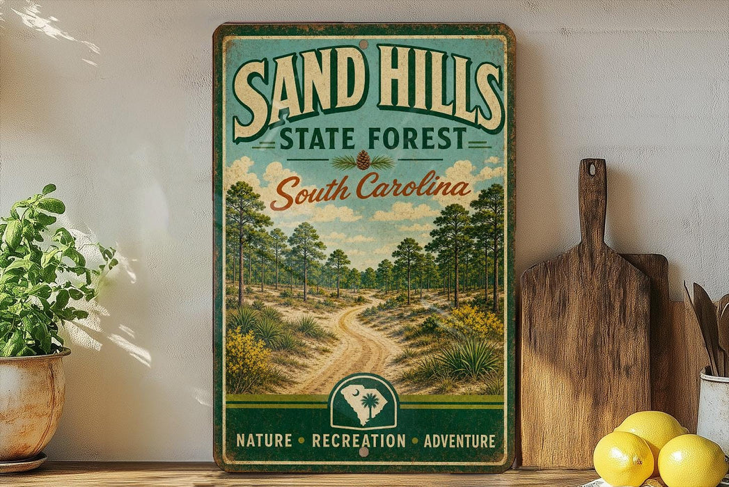 A vintage-style metal sign for the Sand Hills State Forest in South Carolina, featuring a scenic illustration of a forest road surrounded by pine trees and a blue sky.