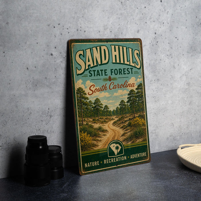 A vintage metal sign for the Sand Hills State Forest in South Carolina, featuring a scenic illustration of a forest trail.