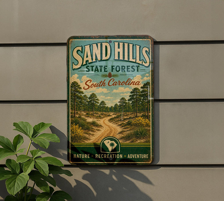 A vintage-style metal sign for the Sand Hills State Forest in South Carolina, featuring a scenic illustration of a forest trail.