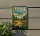 A vintage-style metal sign for the Sand Hills State Forest in South Carolina, featuring a scenic illustration of a forest trail.