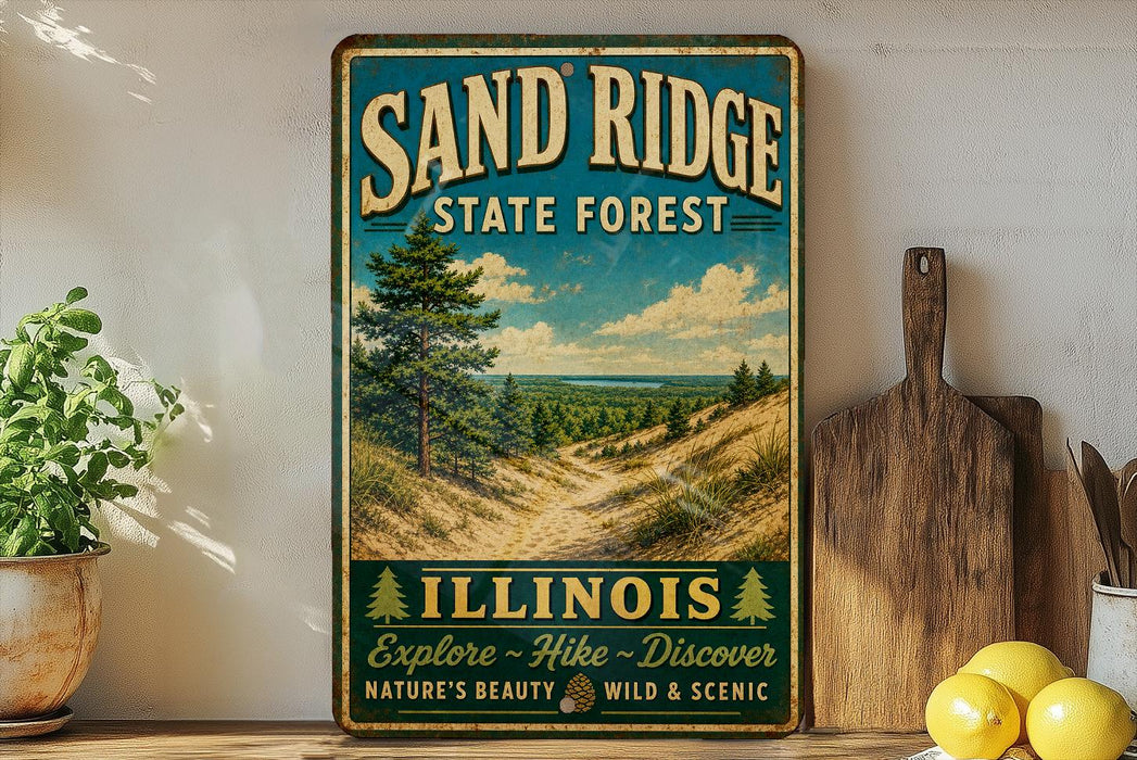 A vintage-style metal sign for the Sand Ridge State Forest in Illinois, featuring a scenic landscape with pine trees, sand dunes, and a lake.