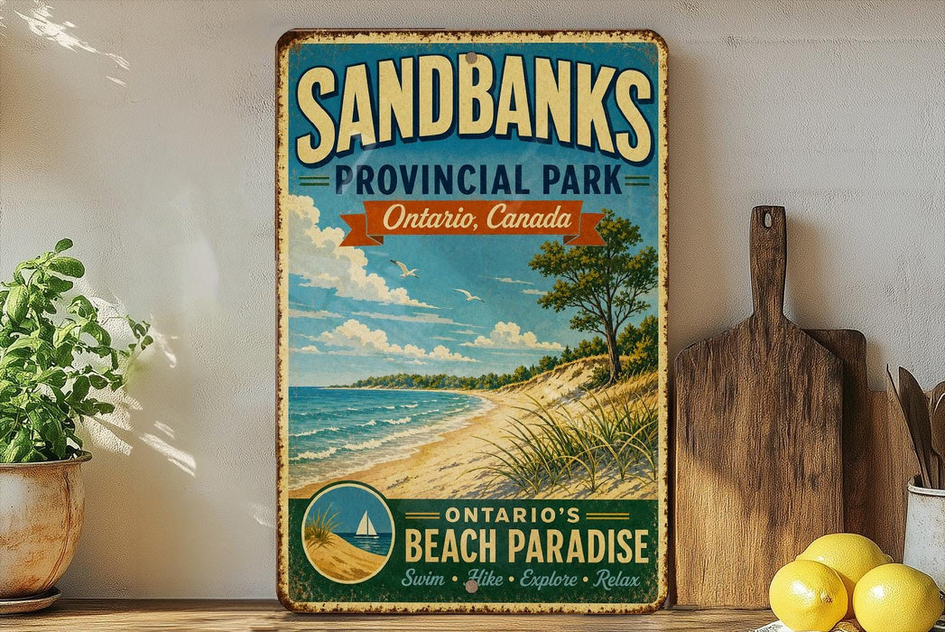 A vintage-style sign for Sandbanks Provincial Park, Ontario, Canada, featuring a beach scene with a sailboat and a pine tree.