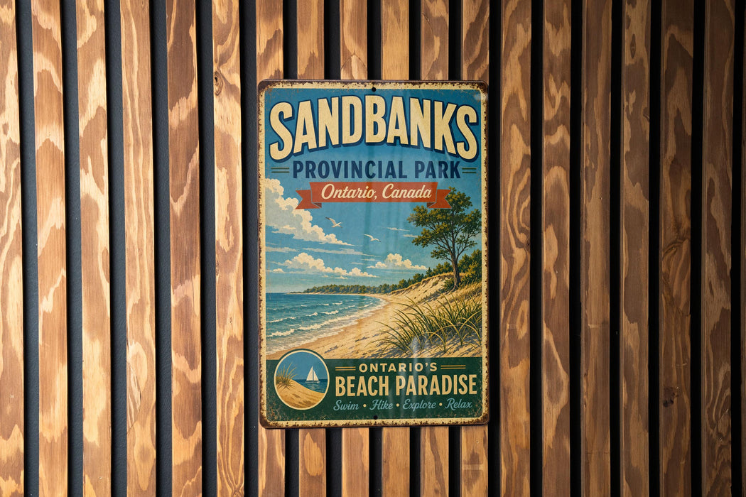 A vintage-style metal sign for Sandbanks Provincial Park, Ontario, Canada, featuring a beach scene and the text "Sandbanks Ontario Canada Beach Paradise Swim + Hike + Exploratory Relaxation".
