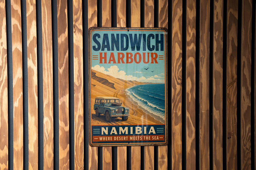 A vintage-style metal sign with the text "SANDWICH HARBOUR" and "NAMIBIA" is displayed on a wooden wall.