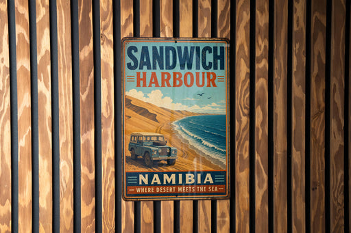 A vintage-style metal sign with the text "SANDWICH HARBOUR" and "NAMIBIA" is displayed on a wooden wall.