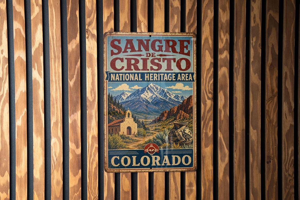 A vintage-style metal sign for the National Heritage Area in Colorado, featuring a mountain landscape and a church.