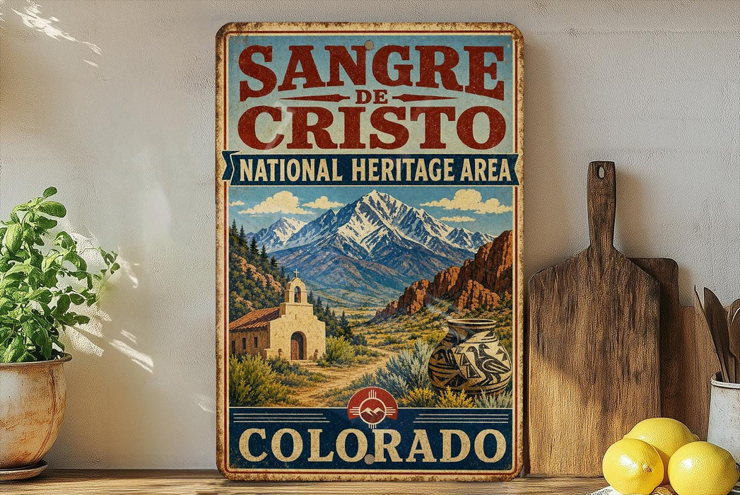 A vintage-style sign for the Sangre de Cristo National Heritage Area in Colorado, featuring a mountain landscape with a church and other buildings.
