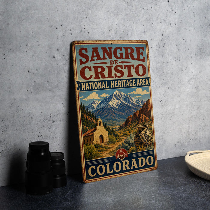 A vintage-style sign for the Sangre de Cristo National Heritage Area in Colorado, featuring a mountain landscape and a church.