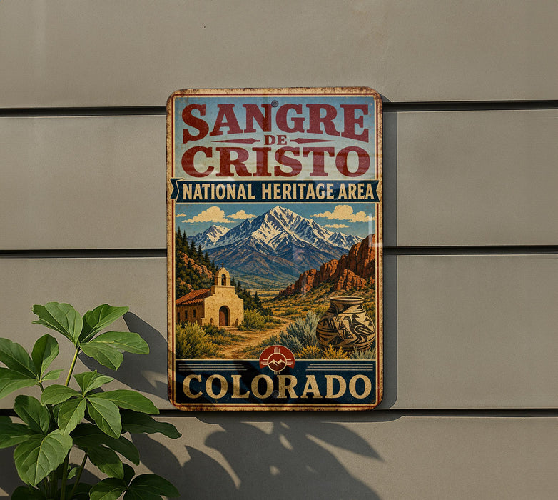 A vintage-style metal sign for the Sangre de Cristo National Heritage Area in Colorado, featuring a mountain landscape and a church.