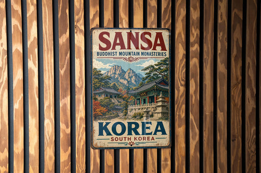 A vintage metal sign for the Buddhist Mountain Monasteries in South Korea, featuring a scenic mountain landscape with traditional Korean buildings.