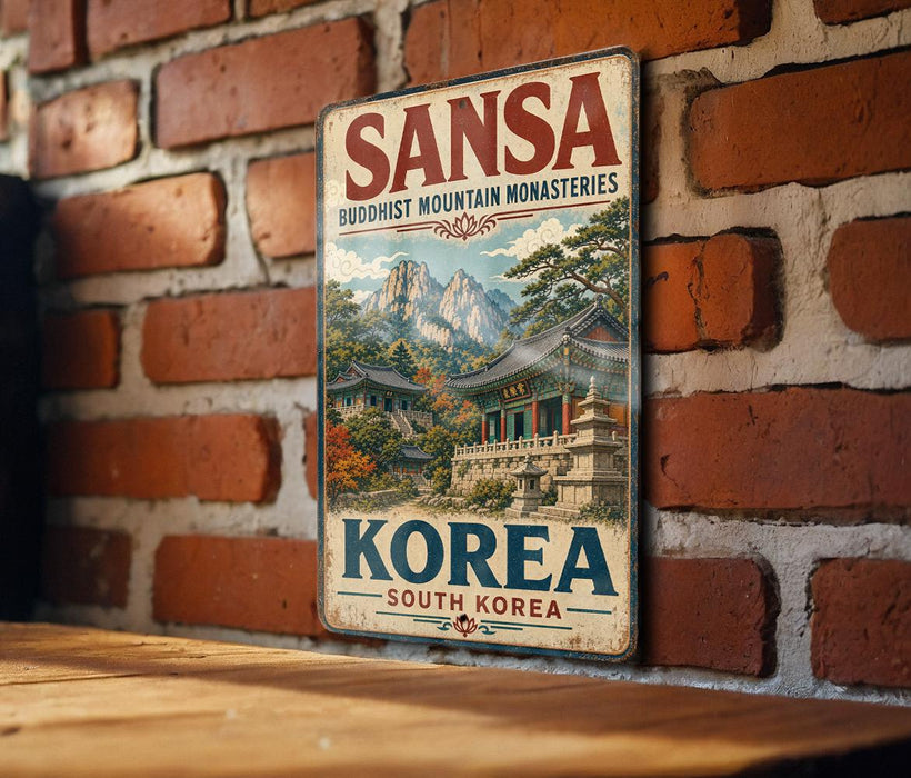A vintage metal sign with the text "SANSA BUDDHIST MOUNTAIN MONASTERIES KOREA SOUTH KOREA" is displayed on a brick wall.