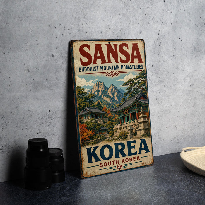 A vintage metal sign advertising the "Sansa Buddhist Mountain Monasteries" in South Korea, featuring a scenic mountain landscape and traditional Korean architecture.