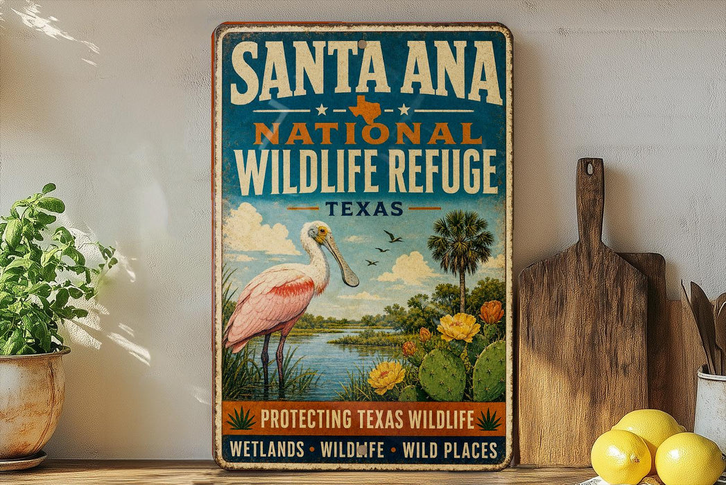 A vintage-style sign for Santa Ana National Wildlife Refuge in Texas, featuring an illustration of a pink egret and various wildlife elements.