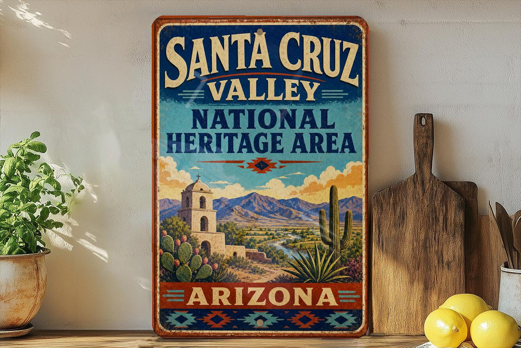 A vintage-style sign for Santa Cruz Valley National Heritage Area in Arizona, featuring a desert landscape with mountains, cacti, and a bell tower.