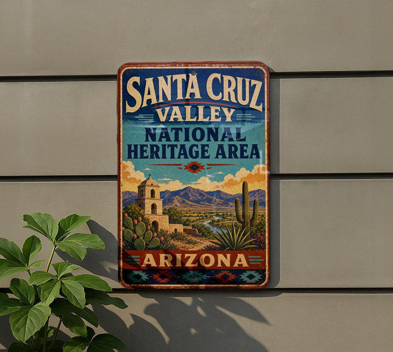 A vintage-style sign for Santa Cruz Valley National Heritage Area in Arizona, featuring a desert landscape with mountains, cacti, and a bell tower.