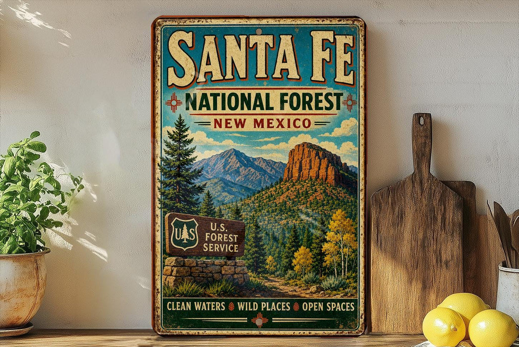 A vintage-style metal sign for Santa Fe National Forest in New Mexico, featuring a scenic mountain landscape and the U.S. Forest Service logo.