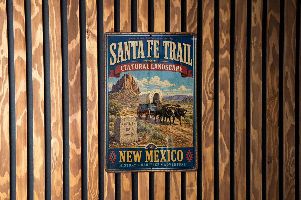 A vintage-style metal sign for the Santa Fe Trail in New Mexico, featuring a wagon on a dirt road with mountains in the background.