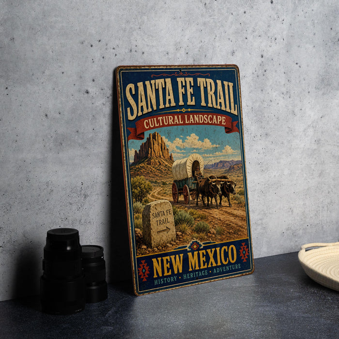 A vintage-style metal sign for the Santa Fe Trail in New Mexico, featuring an illustration of a wagon traveling along a dirt road with mountains in the background.