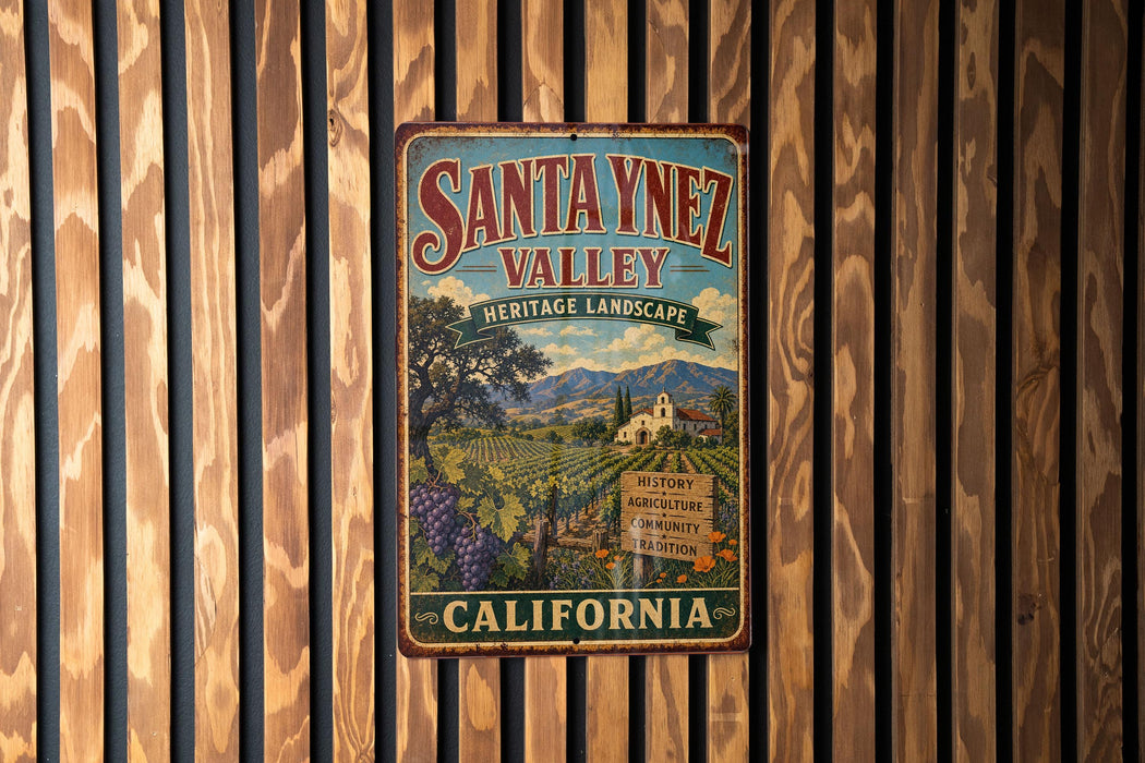 A vintage metal sign for Santa Ynez Valley, California, featuring a scenic landscape with vineyards and mountains.