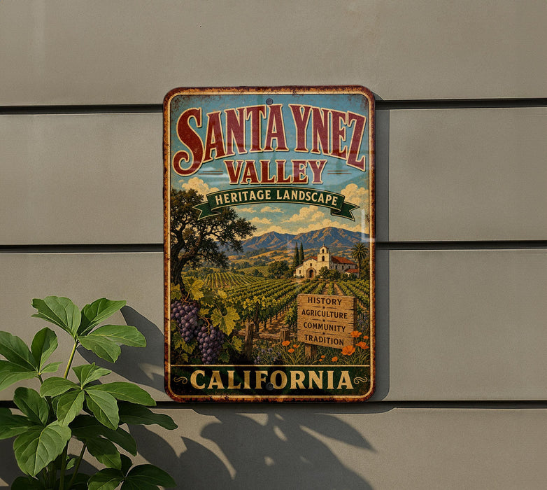 A vintage-style metal sign for Santa Ynez Valley, California, featuring a scenic landscape with vineyards and mountains.