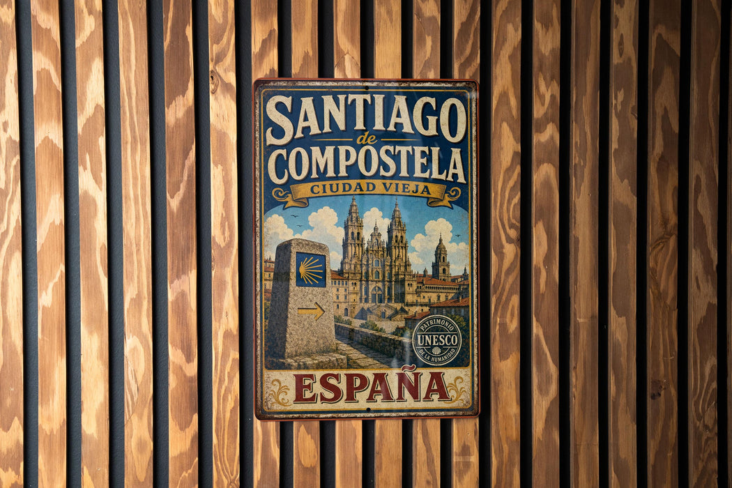 A vintage metal sign for Santiago de Compostela, a city in Spain, is displayed on a wooden wall.