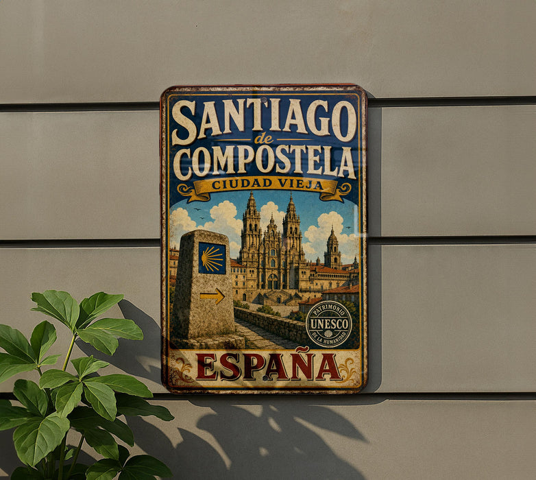 A vintage metal sign for Santiagó de Compostela, a city in Spain, featuring an illustration of the city's landmarks and a directional sign.