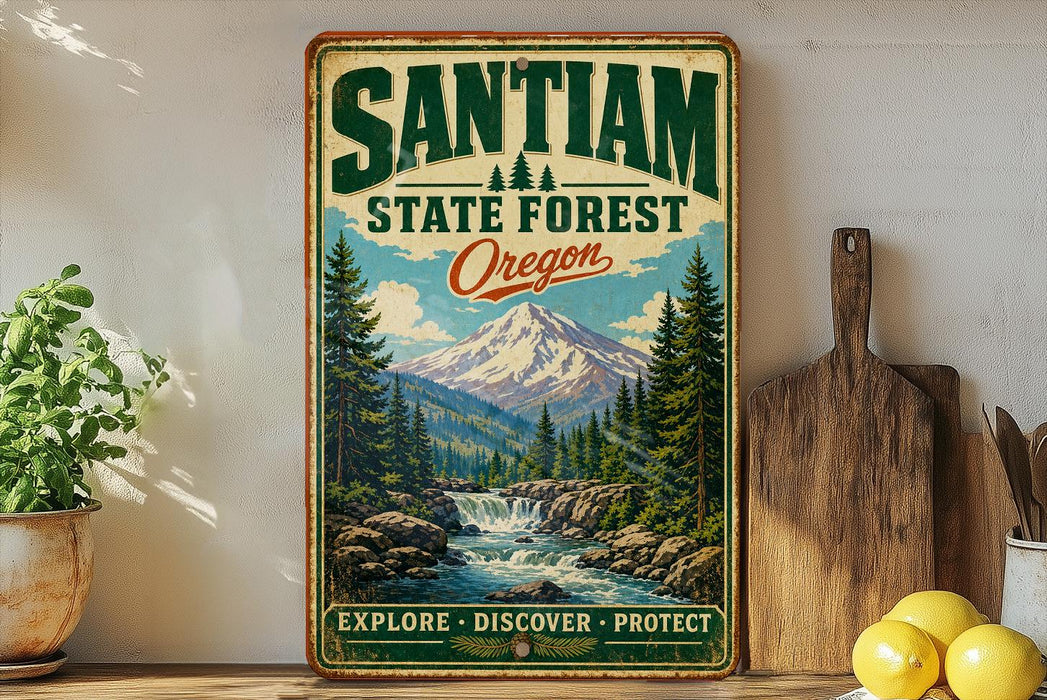 A vintage-style sign for the Santiam State Forest in Oregon, featuring a scenic mountain landscape with a waterfall.