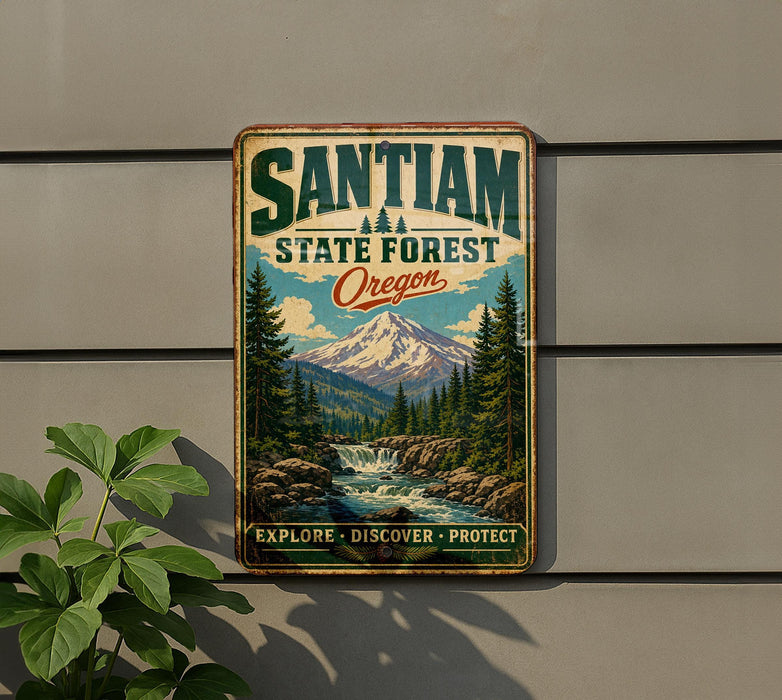 A vintage-style metal sign for Santiam State Forest in Oregon, featuring a mountain landscape with a waterfall and pine trees.