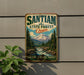 A vintage-style metal sign for Santiam State Forest in Oregon, featuring a mountain landscape with a waterfall and pine trees.
