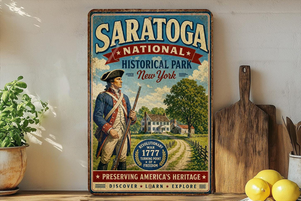 A vintage-style sign for Saratoga National Historical Park in New York, featuring a man in a military uniform and a historical scene.