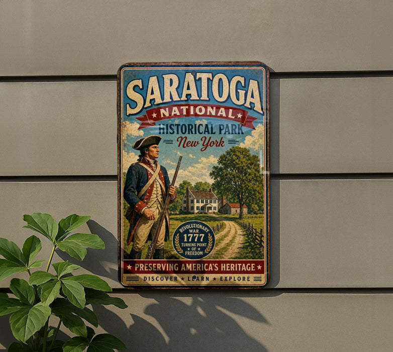 A vintage-style metal sign for Saratoga National Historical Park in New York, featuring a historical figure in a uniform and a scenic landscape.