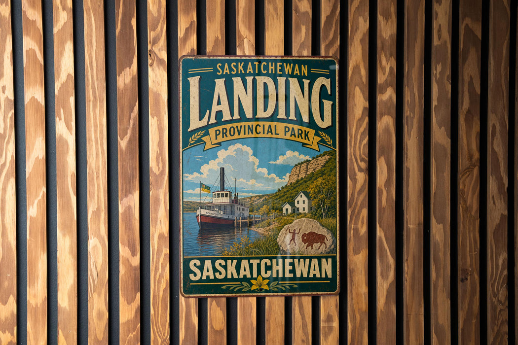 A vintage-style metal sign for Saskatchewan Landing, a scenic park in the heart of the Canadian prairie, is displayed on a wooden wall.