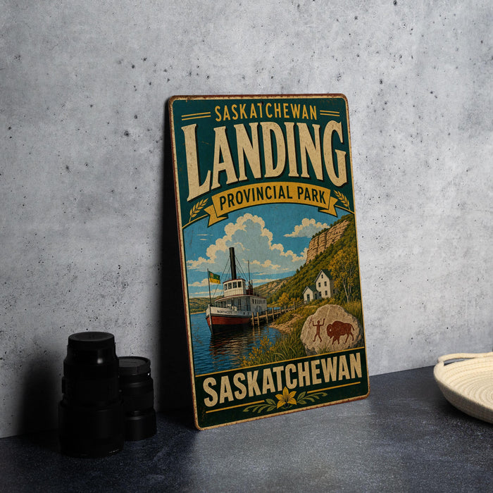 A vintage-style sign for Saskatchewan Landing, a scenic location in the Canadian province of Saskatchewan.