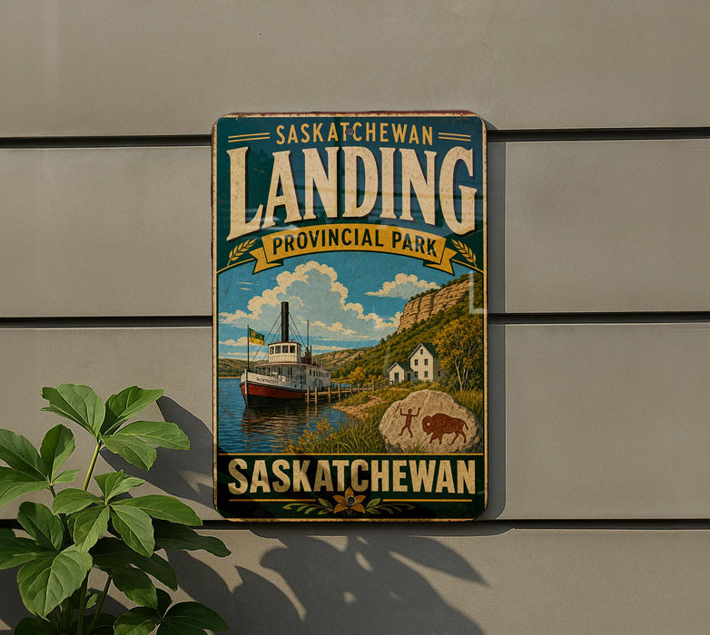A vintage-style sign for Saskatchewan Landing, a scenic location in the Canadian province of Saskatchewan.