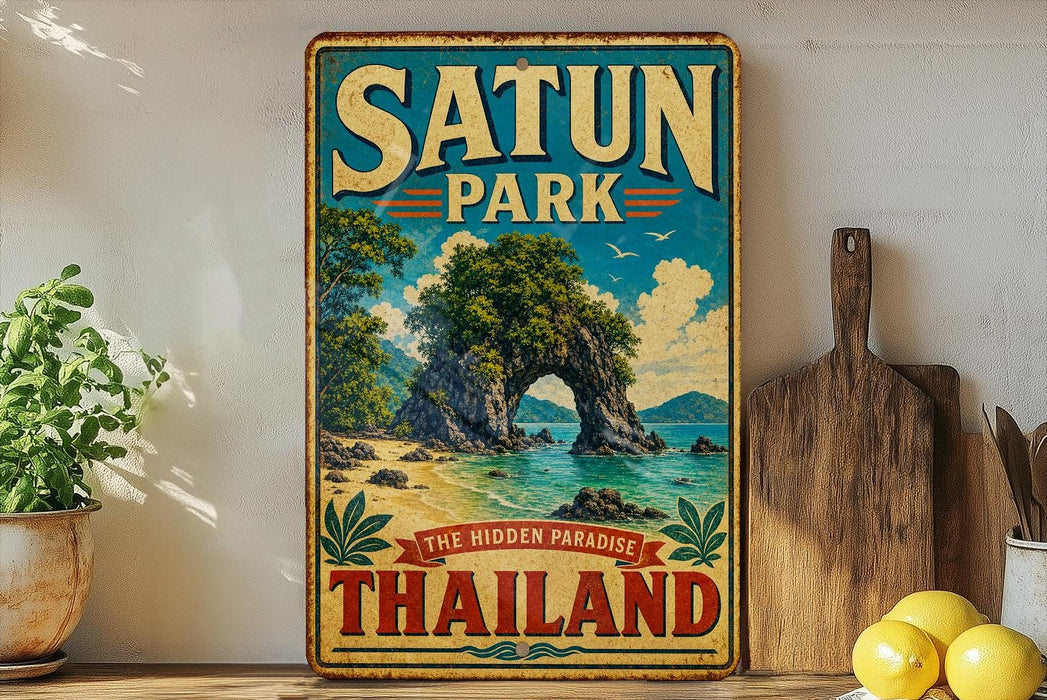 A vintage-style metal sign with the text "SATUN PARK THE HIDDEN PARADISE THAILAND" is displayed on a shelf, accompanied by a potted plant, a wooden cutting board, and some lemons.