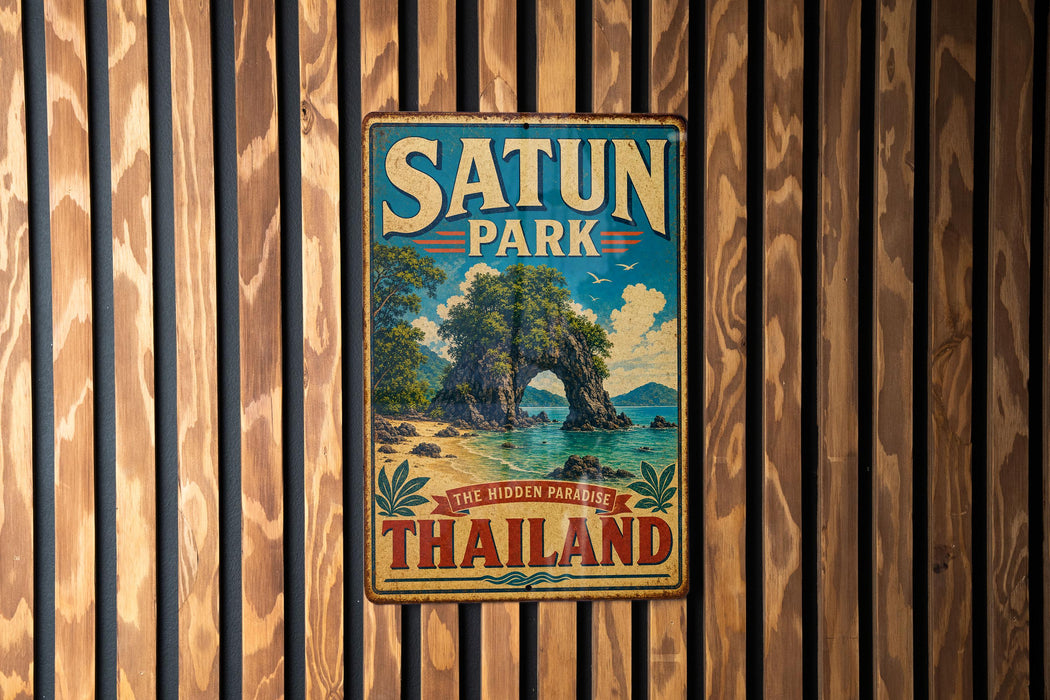 A vintage metal sign for Satun Park in Thailand, featuring a tropical landscape with a rock formation and palm trees.