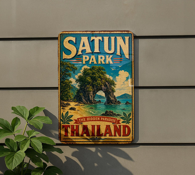 A vintage-style sign for Satun Park in Thailand, featuring a tropical beach scene with palm trees and a rock formation.