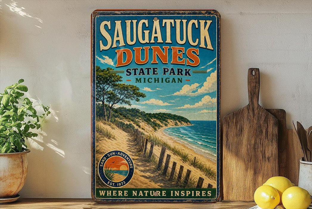 A vintage-style sign for Saugatuck Dunes State Park in Michigan, featuring a scenic beach landscape with a sunset.