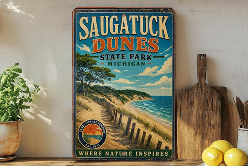 A vintage-style sign for Saugatuck Dunes State Park in Michigan, featuring a scenic beach landscape with a sunset.