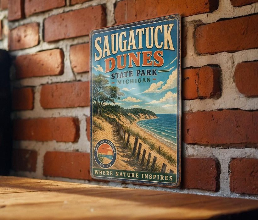 A vintage metal sign for Saugatuck Dunes State Park in Michigan, featuring a scenic beach landscape with a path leading to the beach.