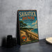 A vintage metal sign for Saugatuck Dunes State Park in Michigan, featuring a scenic beach landscape with a path leading to the beach.