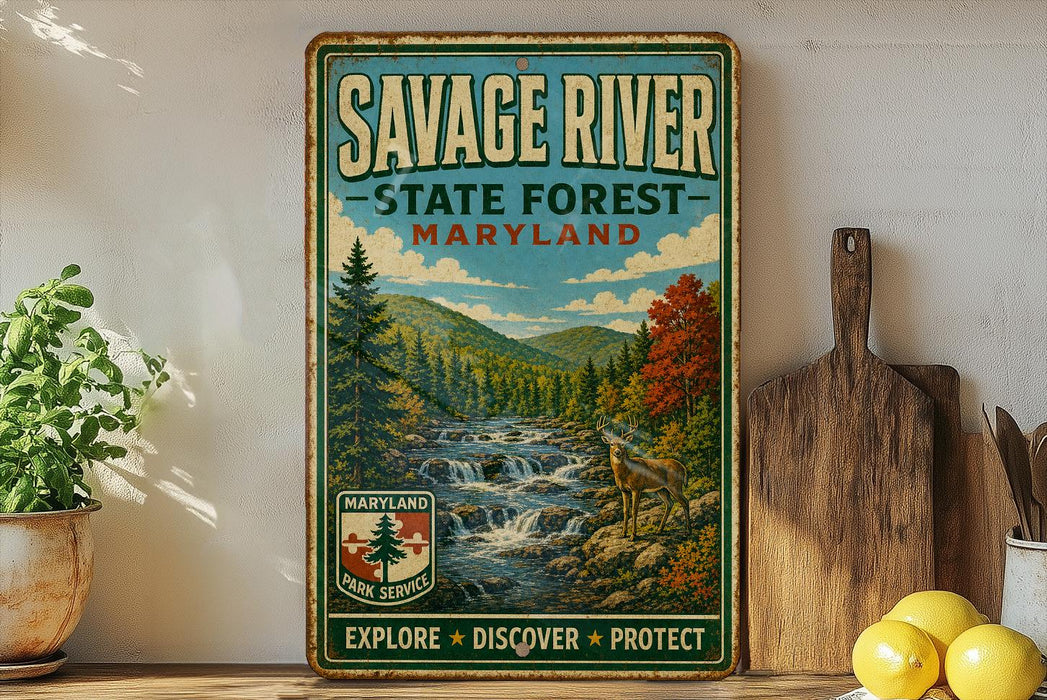 A vintage metal sign for Savage River State Forest in Maryland, featuring a scenic image of a river surrounded by trees and mountains.