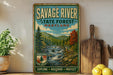 A vintage metal sign for Savage River State Forest in Maryland, featuring a scenic image of a river surrounded by trees and mountains.