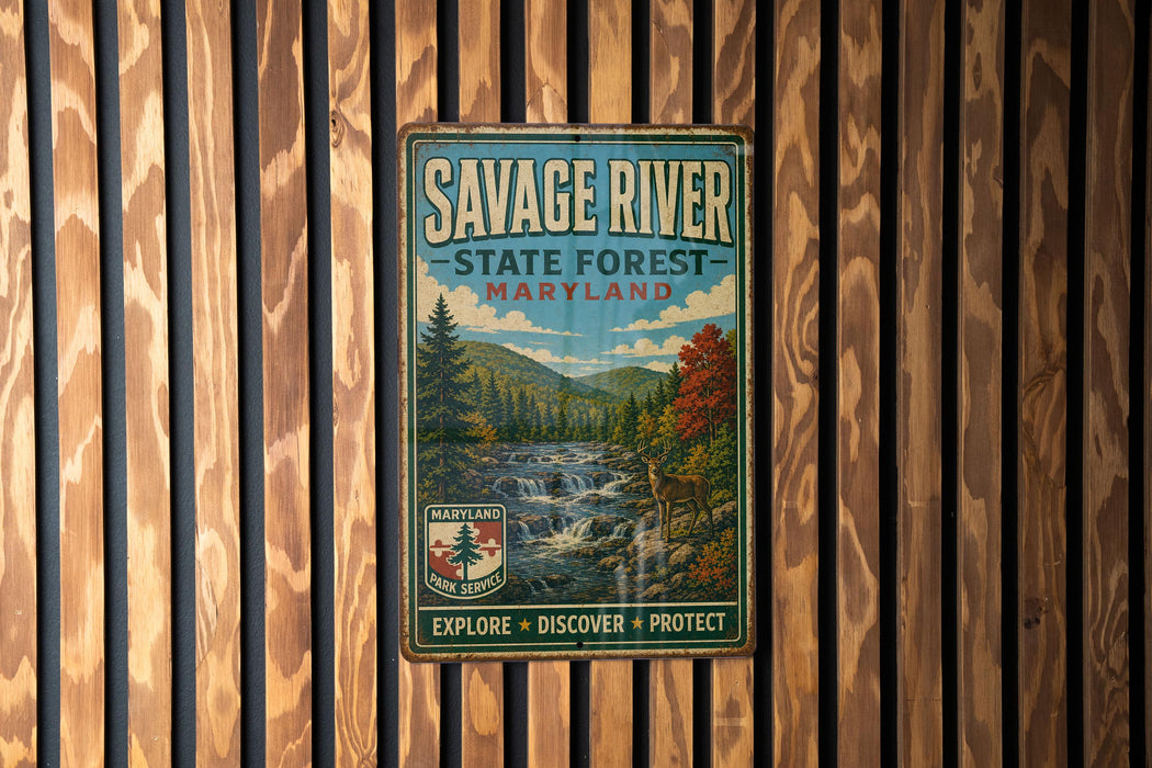 A vintage metal sign for Savage River State Forest in Maryland, featuring a scenic image of a waterfall and forest.