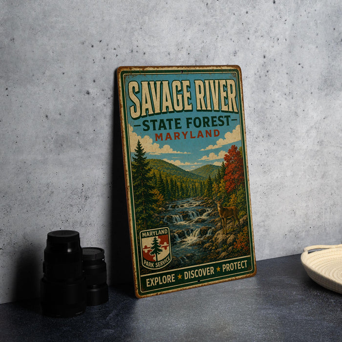 A vintage metal sign for Savage River State Forest in Maryland, featuring a scenic illustration of a river surrounded by trees and mountains.