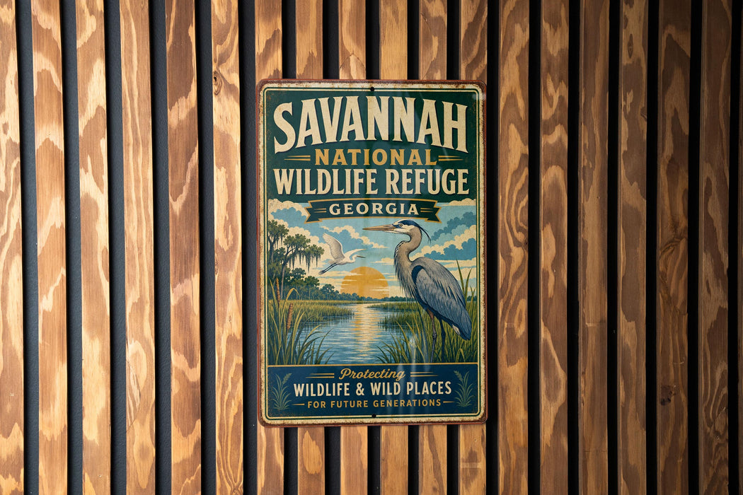A vintage metal sign for the Savannah National Wildlife Refuge in Georgia, featuring a bird and a landscape scene.